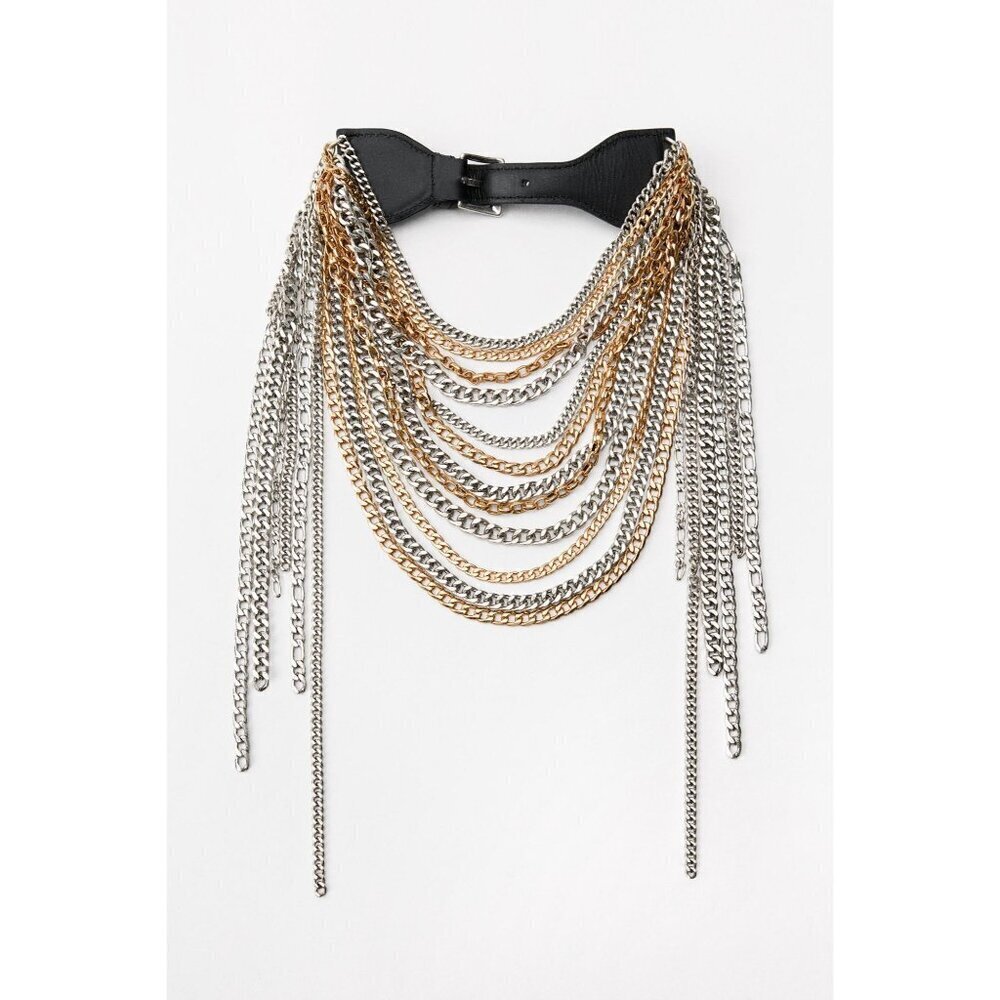Zara Gold Silver Multi Chain Heavy Black Faux Leather Belt READ ME 4736/314/808